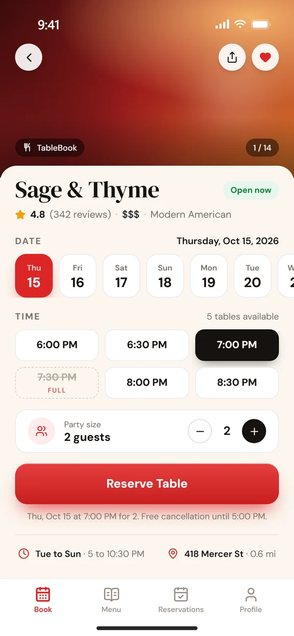 TableBook app screen
